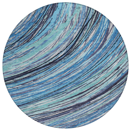 8' Blue Aqua And Ivory Round Abstract Washable Indoor Outdoor Area Rug