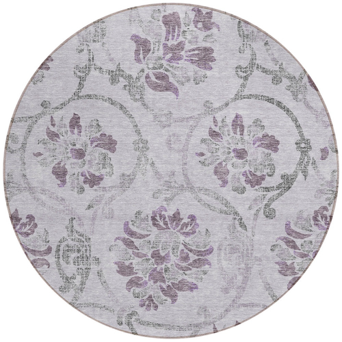 8' Lavender Purple And Gray Round Floral Washable Indoor Outdoor Area Rug