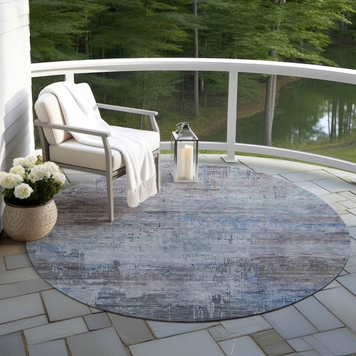 8' Gray And Blue Round Abstract Washable Indoor Outdoor Area Rug