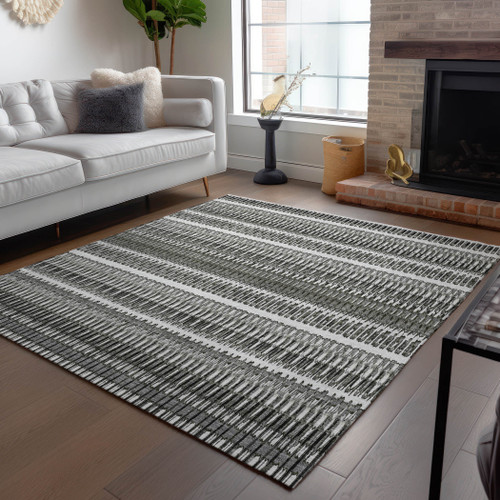10' X 14' Gray Charcoal And Ivory Striped Washable Indoor Outdoor Area Rug