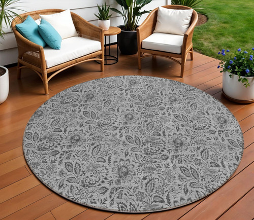 8' Gray Silver And Charcoal Round Floral Washable Indoor Outdoor Area Rug - Gray, Silver, Charcoal