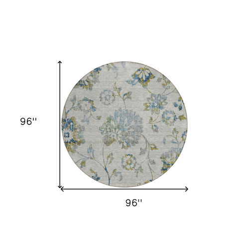 8' Taupe Navy Blue And Denim Blue Round Floral Washable Indoor Outdoor Area Rug