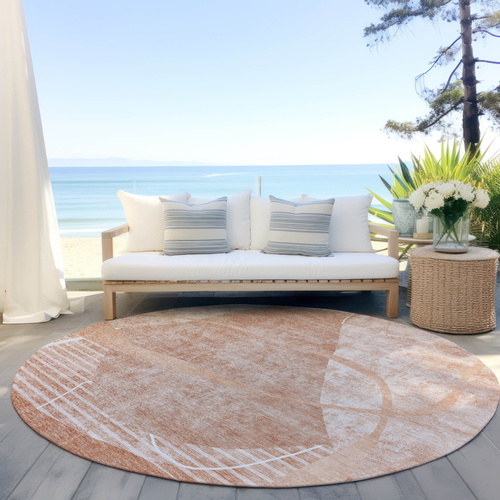8' Salmon Copper And Ivory Round Abstract Washable Indoor Outdoor Area Rug