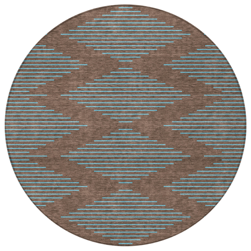 8' Brown And Aqua Round Geometric Washable Indoor Outdoor Area Rug