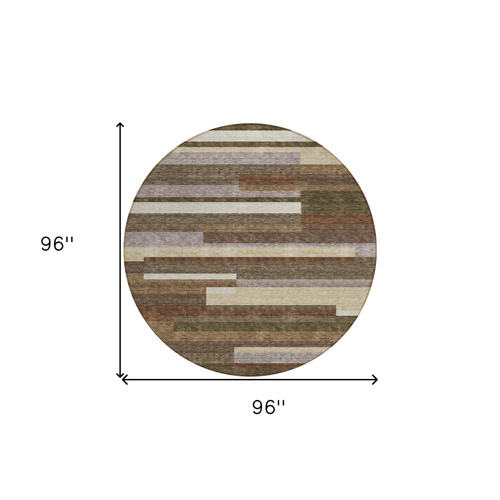 8' Brown Beige And Copper Round Striped Washable Indoor Outdoor Area Rug