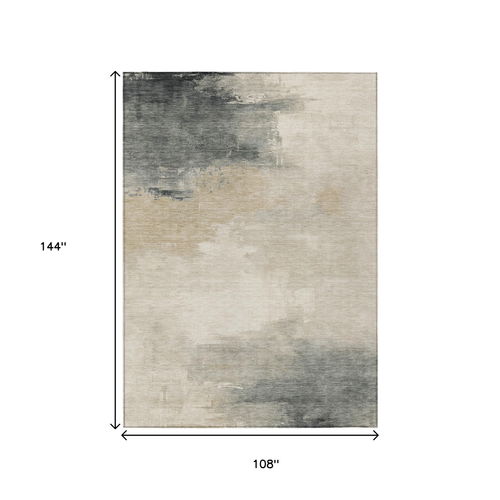 9' X 12' Beige Taupe And Ivory Abstract Washable Indoor Outdoor Area Rug