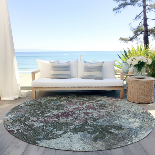 8' Fern Green And Purple Round Damask Washable Indoor Outdoor Area Rug