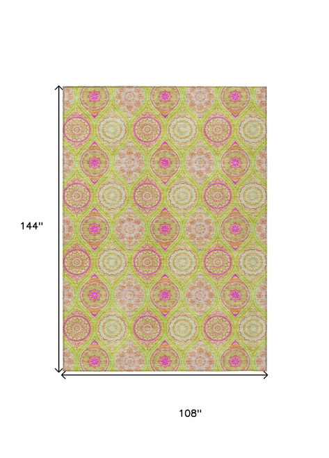9' X 12' Lime Green Pink And Ivory Floral Medallion Washable Indoor Outdoor Area Rug