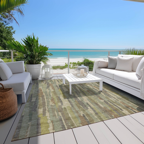 9' X 12' Artichoke Green And Ivory Striped Washable Indoor Outdoor Area Rug