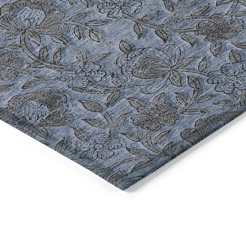 9' X 12' Blue Gray And Charcoal Floral Washable Indoor Outdoor Area Rug