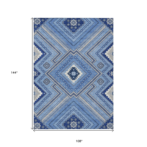 9' X 12' Blue Gray And Ivory Tribal Washable Indoor Outdoor Area Rug
