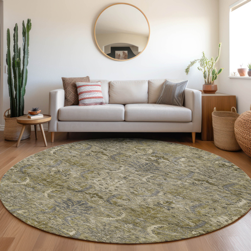 8' Taupe And Gray Round Damask Washable Indoor Outdoor Area Rug