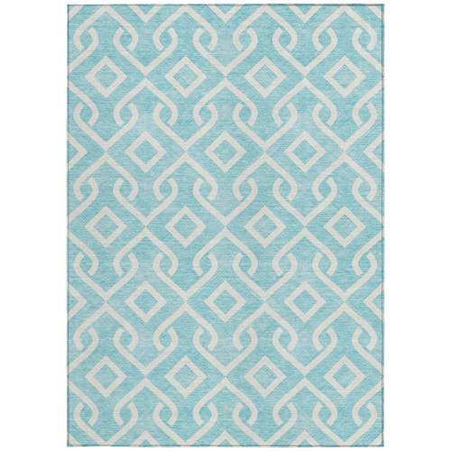 9' X 12' Aqua And Ivory Geometric Washable Indoor Outdoor Area Rug