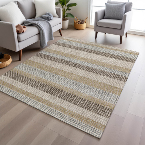 9' X 12' Beige And Ivory Striped Washable Indoor Outdoor Area Rug - Beige, Ivory