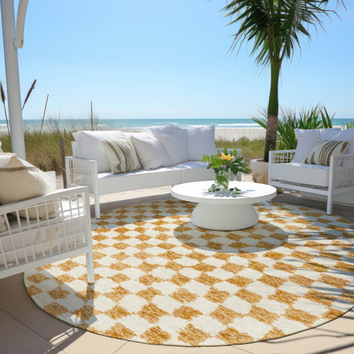 8' Orange And Ivory Round Geometric Washable Indoor Outdoor Area Rug - Orange, Ivory
