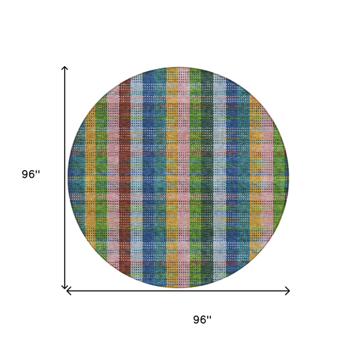 8' Navy Blue Pink And Sage Round Plaid Washable Indoor Outdoor Area Rug