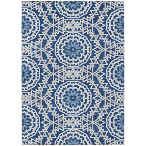 9' X 12' Navy Blue Ivory And Gray Floral Medallion Washable Indoor Outdoor Area Rug