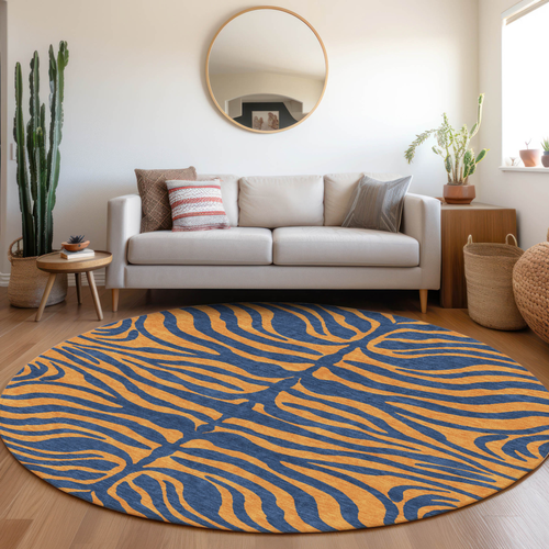 8' Navy Blue And Pink Round Animal Print Washable Indoor Outdoor Area Rug