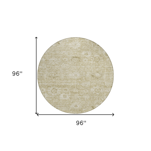 8' Beige And Brown Round Damask Washable Indoor Outdoor Area Rug
