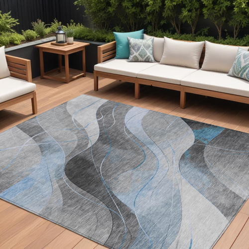 9' X 12' Sky Blue Gray And Silver Abstract Washable Indoor Outdoor Area Rug