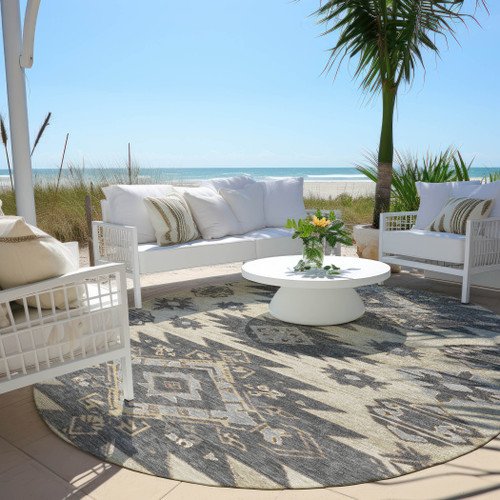 8' Beige And Gray Round Tribal Washable Indoor Outdoor Area Rug