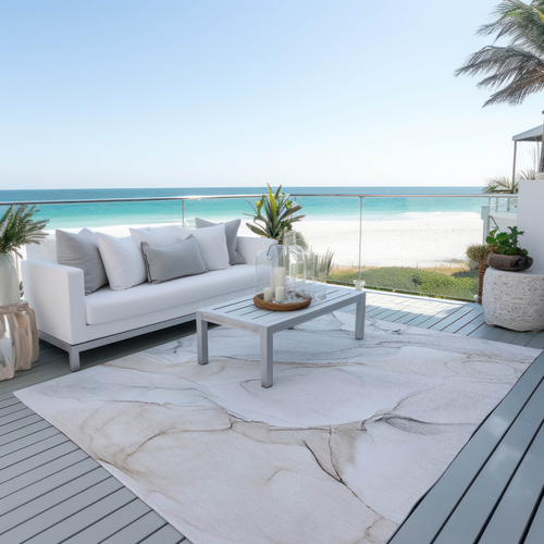 8' X 10' Beige Ivory and Gray Abstract Washable Non Skid Indoor Outdoor Area Rug