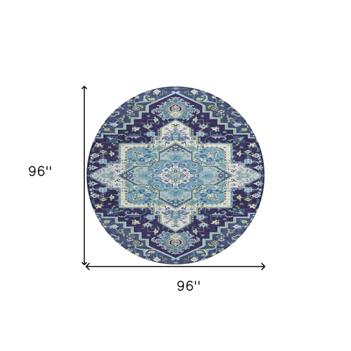 8' Navy Blue Ivory And Black Round Oriental Washable Indoor Outdoor Area Rug