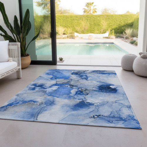 8' X 10' Navy Blue Abstract Washable Indoor Outdoor Area Rug - Navy Blue