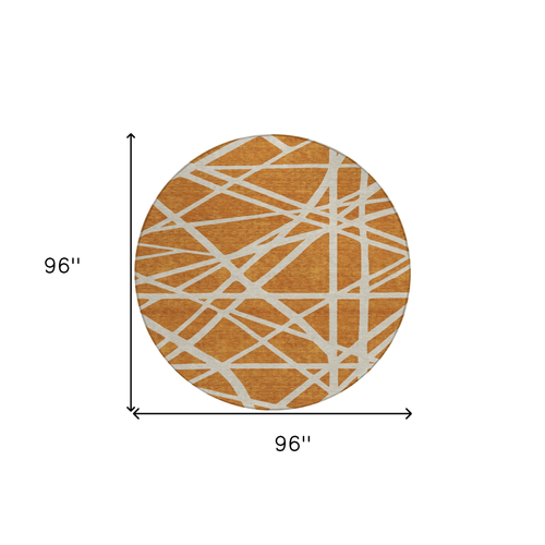 8' Copper And Beige Round Geometric Washable Indoor Outdoor Area Rug