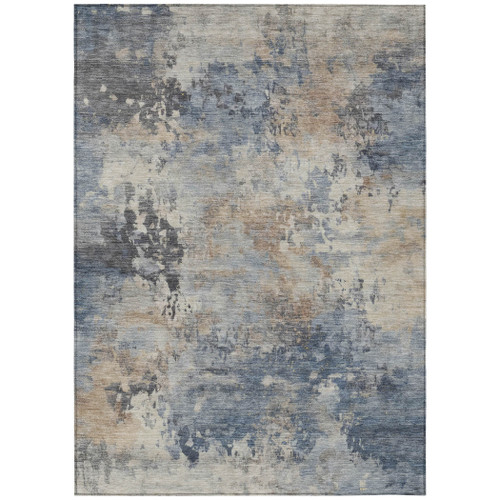 8' X 10' Denim Blue Beige And Charcoal Abstract Washable Indoor Outdoor Area Rug