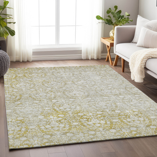 9' X 12' Gold Damask Washable Indoor Outdoor Area Rug