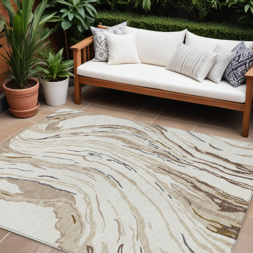 8' X 10' Ivory Beige And Brown Abstract Washable Indoor Outdoor Area Rug