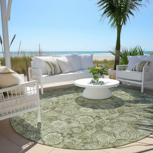 8' Artichoke Green And Fern Green Round Floral Washable Indoor Outdoor Area Rug
