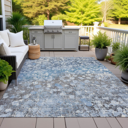 8' X 10' Blue And Gray Abstract Washable Indoor Outdoor Area Rug - Blue, Gray