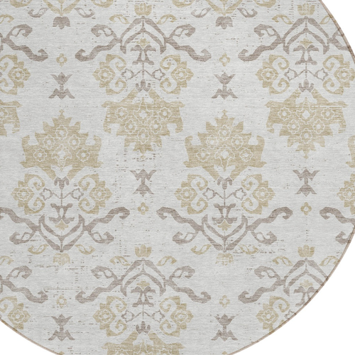 8' Ivory Beige And Taupe Round Oriental Washable Indoor Outdoor Area Rug