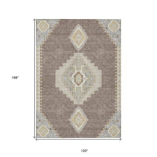 10' X 14' Taupe Gray And Ivory Oriental Washable Indoor Outdoor Area Rug