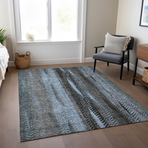 8' X 10' Blue Gray And Charcoal Botanical Leaves Washable Indoor Outdoor Area Rug