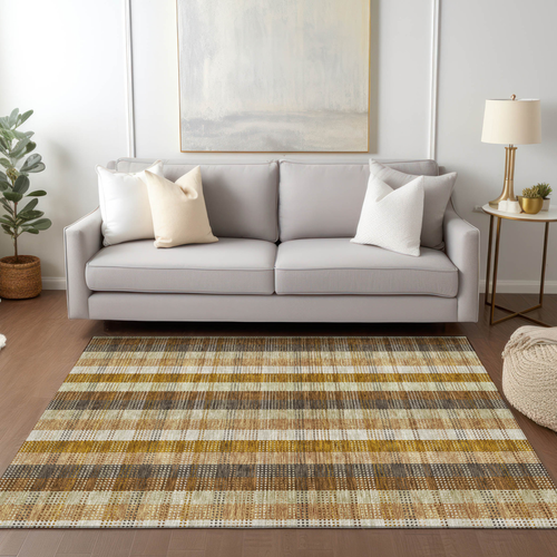 8' X 10' Wheat Ivory And Brown Plaid Washable Indoor Outdoor Area Rug