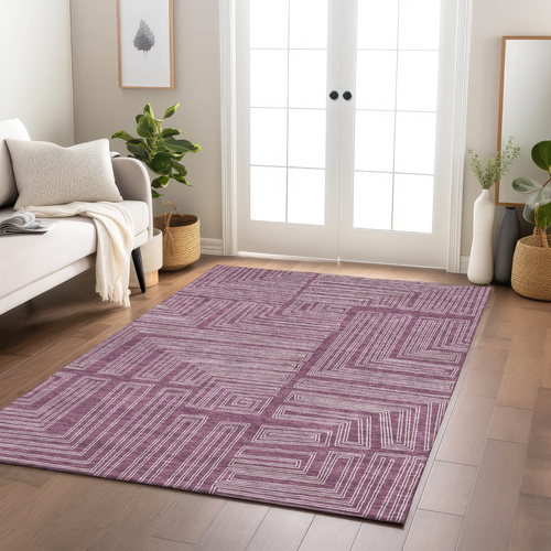 10' X 14' Eggplant And Ivory Geometric Washable Indoor Outdoor Area Rug