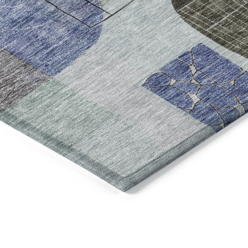 8' Blue Gray And Charcoal Round Abstract Washable Indoor Outdoor Area Rug