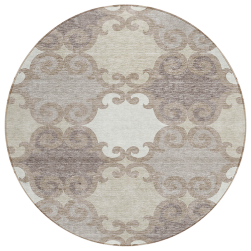 8' Taupe Beige And Gray Round Trellis Washable Indoor Outdoor Area Rug