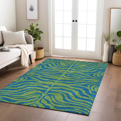 8' X 10' Green And Teal Blue Animal Print Washable Indoor Outdoor Area Rug