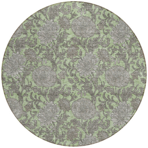 8' Artichoke Green Gray And Taupe Round Floral Washable Indoor Outdoor Area Rug