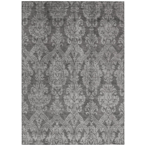 9' X 12' Gray And Pewter Damask Washable Indoor Outdoor Area Rug