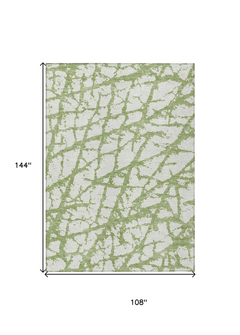 9' X 12' Green And Ivory Abstract Washable Indoor Outdoor Area Rug