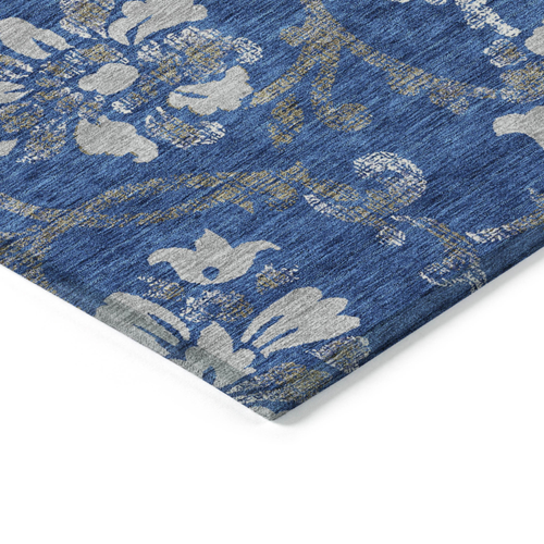 8' X 10' Navy Blue And Silver Floral Washable Indoor Outdoor Area Rug