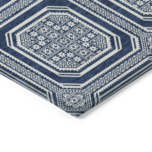 9' X 12' Navy Blue And Ivory Geometric Washable Indoor Outdoor Area Rug