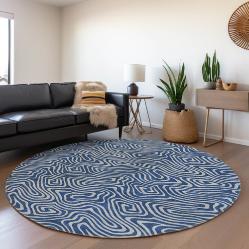 8' Navy Blue And Gray Round Abstract Washable Indoor Outdoor Area Rug