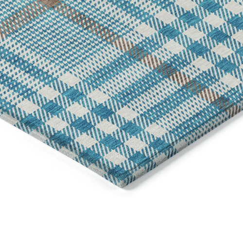10' X 14' Teal Blue Ivory And Brown Plaid Washable Indoor Outdoor Area Rug