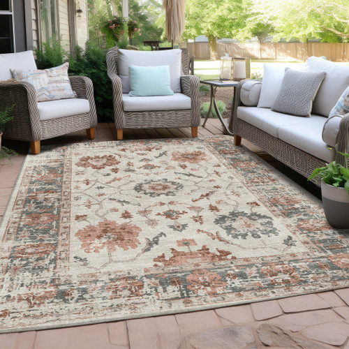 8' X 10' Linen And Ivory Floral Washable Indoor Outdoor Area Rug